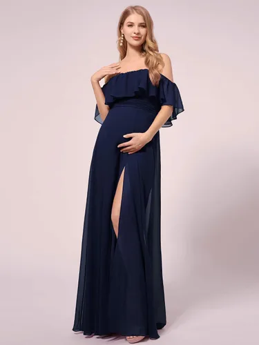 Miniatura 4 de Ever-Pretty Vestido de fiesta de embarazo con hombros descubiertos y abertura lateral larga de gasa con volantes para mujer, vestidos de fotografía