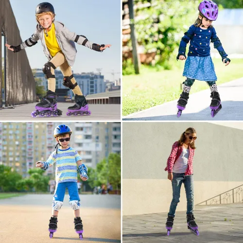 Miniatura 6 de Patines en línea ajustables para niños, niñas y niños, color morado y negro, todas las ruedas iluminan patines para niños principiantes al aire