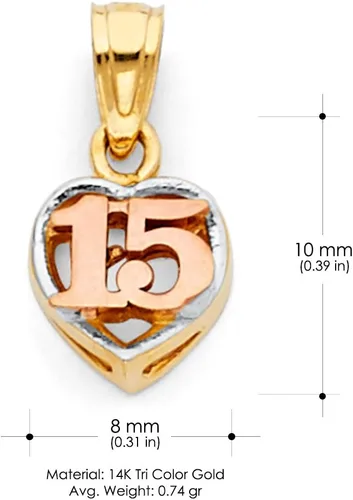 Miniatura 3 de Ioka 14K Tri Color Gold Sweet 15 Years Quinceanera Heart Charm Pendant with 1.5mm Valentino Chain Necklace
