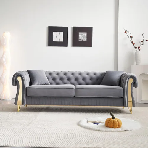 Miniatura 25 de KEIKI Sofá Chesterfield de terciopelo con botones capitoné de 87 pulgadas con cojines de espuma de alta densidad, moderno sofá de 3 plazas con Negro