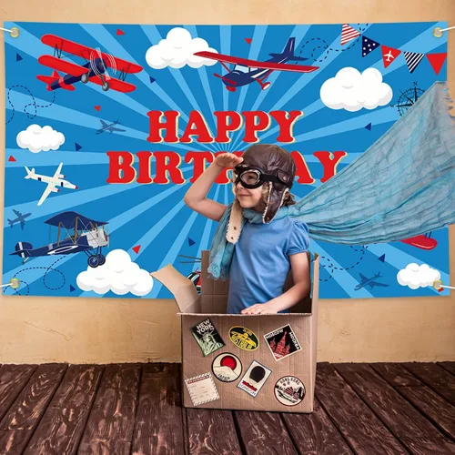 Miniatura 3 de Avezano Telón de fondo de feliz cumpleaños de avión para niños, decoración de fiesta de cumpleaños de avión, pancarta temática de moscas de cielo
