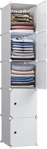 MAGINELS Armario de almacenamiento de 5 cubos, almacenamiento estrecho de ropa con puertas, estantes organizadores de pie altos de plástico para