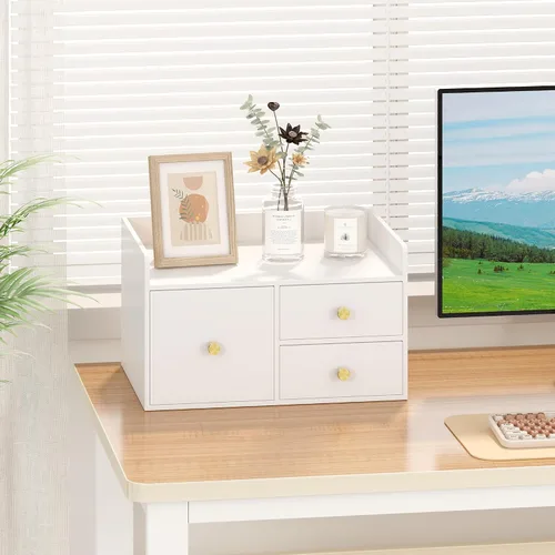 Miniatura 4 de Organizador de escritorio de bambú con cajones, organizador de almacenamiento de escritorio de madera para facturas, suministros de oficina, Blanco