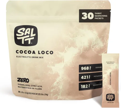 SALTT Electrolytes Polvo para Mezcla de Bebida Sabor Cocoa Loco - 30 Paquetes de Hidratación - Magnesio, Potasio, Sodio, Oligominerales - Sin Azúcar