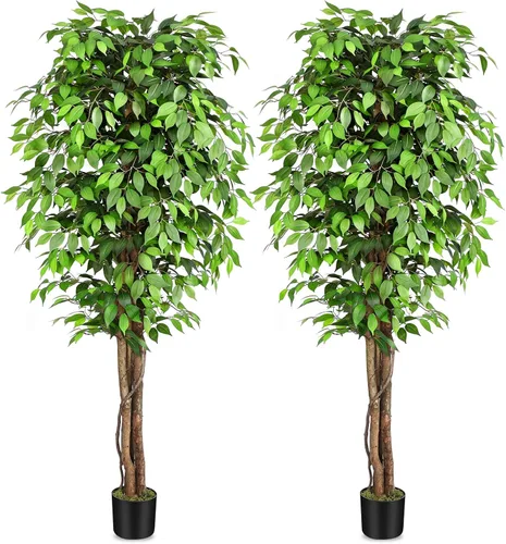 Miniatura 11 de Árboles artificiales de ficus de 3 pies con troncos naturales curvados, árbol exuberante de 36" de altura, árbol falso de ficus realista en verde