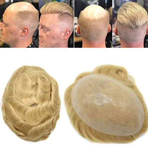 Miniatura 57 de Toupee para hombres pieza de pelo suave poli piel real sistema de cabello humano para hombre tupé durable PU piezas de pelo para hombres reemplazo