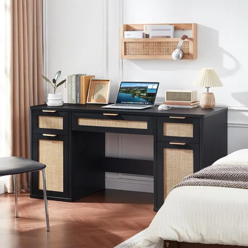 Miniatura 7 de LEYAOYAO Office Desk 56" with 5 Drawers Storage File Cabinet Rattan Wood Desk for Computer Office Bedroom Home Furniture Black