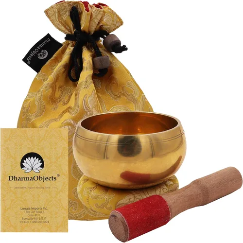 DharmaObjects Mediano ~ Juego de cuencos tibetanos OM MANI con mazo, cojín de brocado y bolsa de transporte, para meditación, curación de chakras,