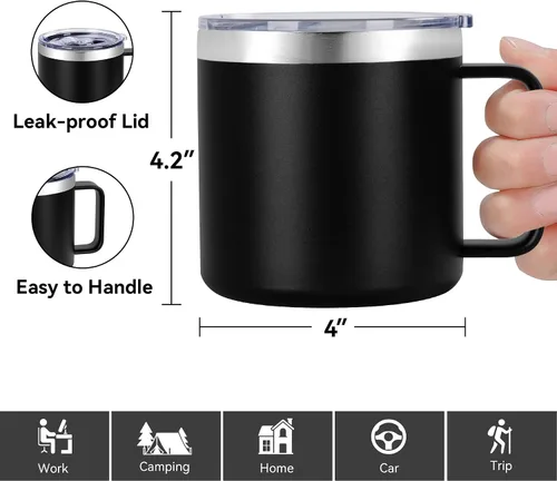 Miniatura 3 de VEGOND Taza de café aislada de 14 onzas con asa, taza de café de viaje de acero inoxidable con tapa, taza de café de metal al vacío de doble pared