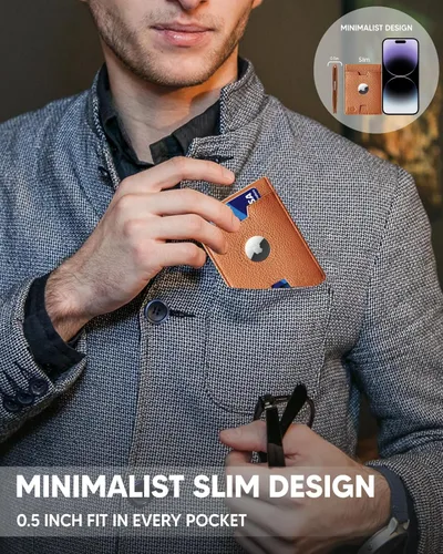 Miniatura 3 de Hairao Billetera AirTag para hombre, de piel auténtica, delgada, con soporte para Airtag y ventana de identificación, bloqueo RFID, plegable