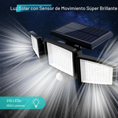 Miniatura 7 de Tuffenough - Luces solares para exteriores, 2500 lm, 210 luces LED de seguridad con control remoto, 3 cabezales de luces con sensor de movimiento