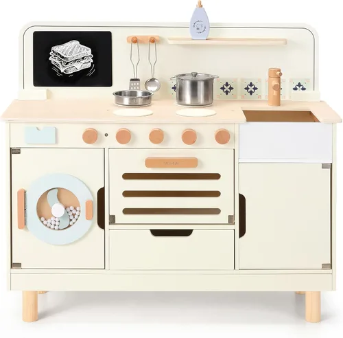 Juego de cocina de madera Pillowhale, juego de cocina grande interactivo con lavadora, horno, cajón y almacenamiento, utensilios de cocina de metal,