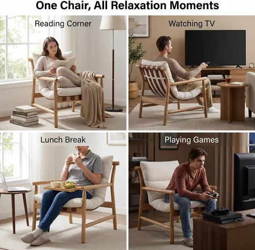 Miniatura 9 de Silla de acento de lino con diseño moderno de mediados de siglo, sillas de sala de estar cómodas con brazos, silla de lectura tapizada con marco