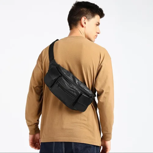 Miniatura 6 de Cangurera de Leatherboss Jumbo con bolsillos laterales Valcro, Negro