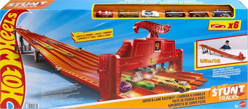 Miniatura 7 de Hot Wheels Juego de autos de juguete con luces, sonidos y 6 vehículos a escala 1:64, pista de carreras súper de 6 carriles, pista de 8 pies que se