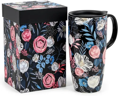 Miniatura 13 de DUSVALLY Taza de Café de Cerámica Taza Alta con Tapa, Taza de Té de Porcelana con Asa para Café con Leche, Capuchino y Cacao, Tazas de Café