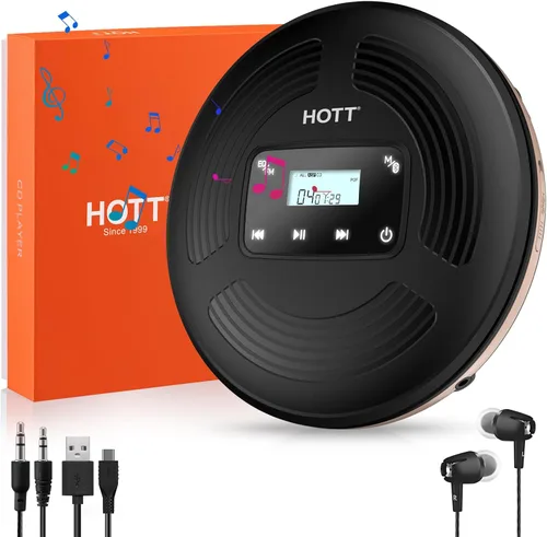 Reproductor de CD portátil Bluetooth reproductor de CD con transmisor FM botón táctil y pantalla LCD, reproductor de disco recargable con cable AUX