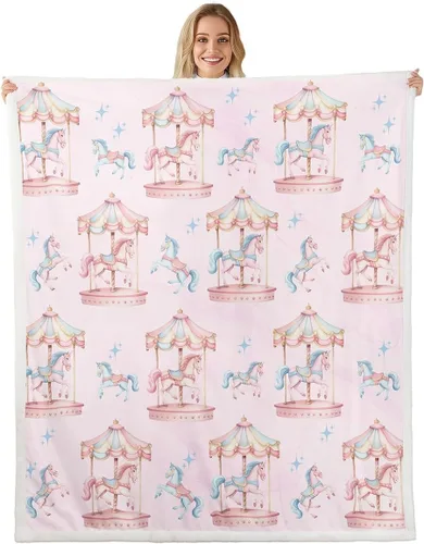 Manta de franela de unicornio para todas las estaciones, manta romántica de carrusel de parque de atracciones, estilo princesa, diseño de cuento de