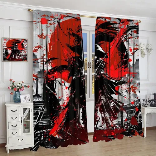Miniatura 4 de Cortinas opacas con temática japonesa para dormitorio, acuarela, anime, samurái y dragón, flores de cerezo, cortinas de ventana con bolsillo