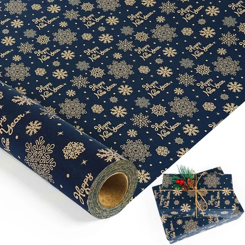 Miniatura 13 de Rollo de papel de regalo de Navidad, rollo de papel kraft vintage, 17 pulgadas x 49 pies, copos de nieve, hojas/bayas de acebo, papel de regalo
