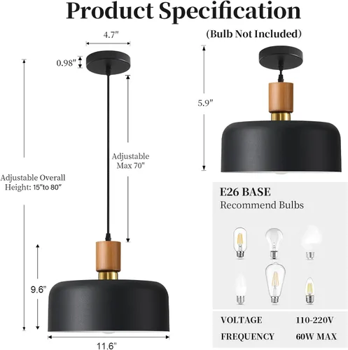 Miniatura 4 de Lámpara colgante moderna negra sobre isla de cocina, iluminación colgante industrial, lámpara colgante de techo de madera ajustable para comedor