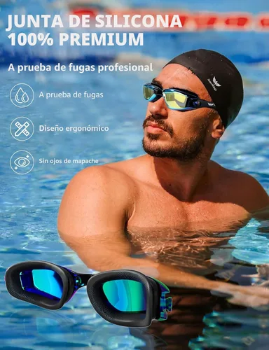 Miniatura 6 de Gafas de natación 7 en 1 + gorro de natación para hombres y mujeres, sin fugas, antivaho y UV, lente de PC con espejo HD de visión amplia
