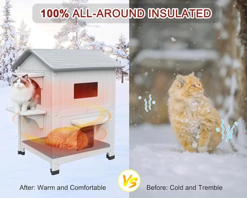 Miniatura 10 de Rockever Casa de gatos al aire libre de plástico con forro aislado, 100% casas de gatos al aire libre aisladas para invierno, refugio para gatos al
