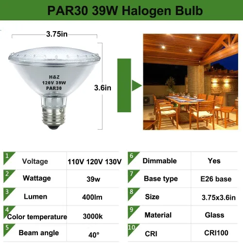 Miniatura 2 de H&Z Cuello corto Par30, paquete de 6 paquetes de halógeno Par30s de alta salida 39 W 120 V, Par30 regulable blanco cálido 3000 K, 39 W Par30 luz