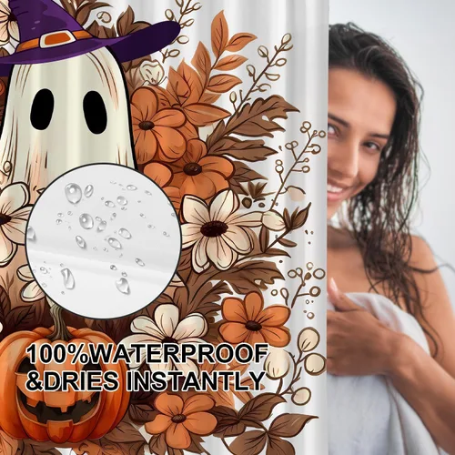 Miniatura 6 de Cortina de ducha de Halloween, cortina de ducha de fantasma espeluznante con 12 ganchos, cortinas de ducha florales de Halloween para decoración