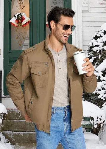 Miniatura 6 de EKLENTSON Chaqueta térmica gruesa de invierno para hombre con múltiples bolsillos con cremallera frontal forro polar chaqueta militar para hombre
