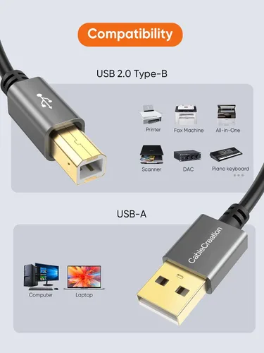 Miniatura 4 de CableCreation Paquete de 2 cables de impresora USB de 10 pies, cable de impresora USB A a B para HP, Brother, Epson, Canon, Piano, Dac, funda