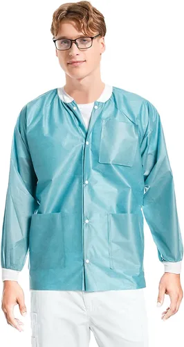Miniatura 2 de Paquete de 10 chaquetas desechables de laboratorio, chaqueta médica reutilizable hasta la cadera, unisex, con puños de punto y bolsillos