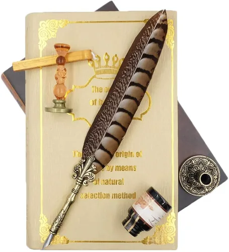 Miniatura 2 de Pluma antigua pluma único medio patrón pluma conjunto con 6 plumas, 1 botella de tinta, 1 sello sello 1 portalápices 1 cera de sellado LL-149