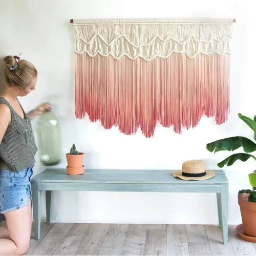 Miniatura 3 de Etlegor Tapiz de macramé para colgar en la pared, estilo nórdico, tapiz bohemio teñido con borlas, decoración de pared tejida para decoración