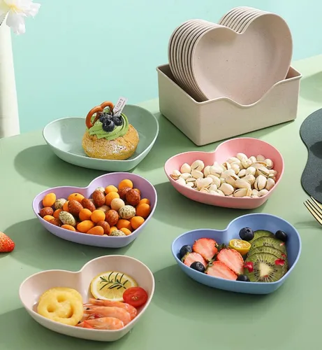 Miniatura 7 de Juego de 10 platos llanos en forma de corazón, platos de 6 pulgadas, bandeja de frutas, cuencos de aperitivos sin BPA (rosa)