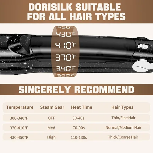 Miniatura 5 de DORISILK Alisadores de Vapor 2.0 Mejorados para el Cabello, Plancha Plana de Vapor de Turmalina Cerámica Profesional de Salón Alisador de Cabello