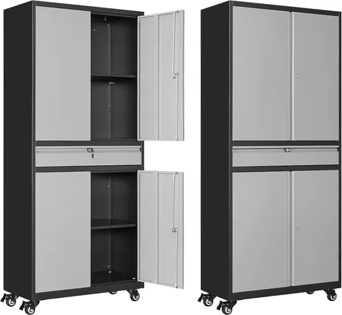 Miniatura 25 de Gabinete de almacenamiento de metal para garaje, armario de almacenamiento con cerradura de 71 pulgadas con 2 estantes ajustables y 1 cajón