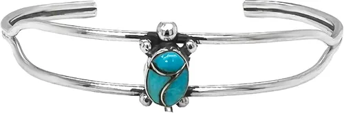 Genuine Sleeping Beauty Turquoise Turtle Cuff Bracelet, Sterling Silver, Authentic Native American USA Handmade, Size Women's Small