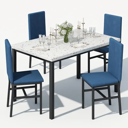 Miniatura 10 de Juego de mesa de comedor para 4, juego de comedor de mármol sintético de 5 piezas, 4 sillas tapizadas de poliuretano, muebles de mesa de cocina Negro