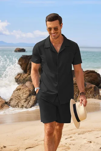 Miniatura 2 de COOFANDY Conjunto de dos piezas para hombre, camisa de manga corta con botones y pantalones cortos, conjuntos de playa