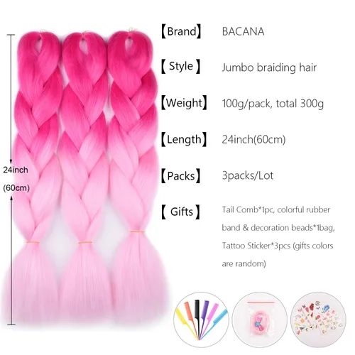 Miniatura 2 de Cabello trenzado ombré (rosa/rosa claro), 3 extensiones de cabello trenzado jumbo para trenzas de caja de 24 pulgadas, sello de agua caliente, suave