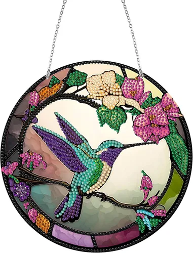 LUSandy Kit de pintura de diamante de colibrí con flores 5D para bricolaje, letrero de arte de pared, pájaro, diamante, atrapasoles, ventana, Flores
