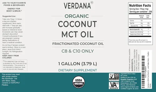 Miniatura 6 de Aceite de coco MCT orgánico certificado USDA Verdana – Aceite de coco fraccionado – Sin uso de semilla de palma – Kosher, grado alimenticio, sin