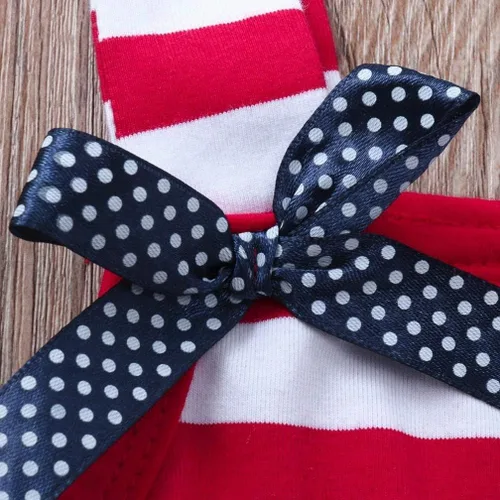 Miniatura 7 de XFGLCK Vestido de 4 de julio para niñas pequeñas, con volantes, estrellas, rayas, lazo, falda, patrón de bandera, trajes de verano