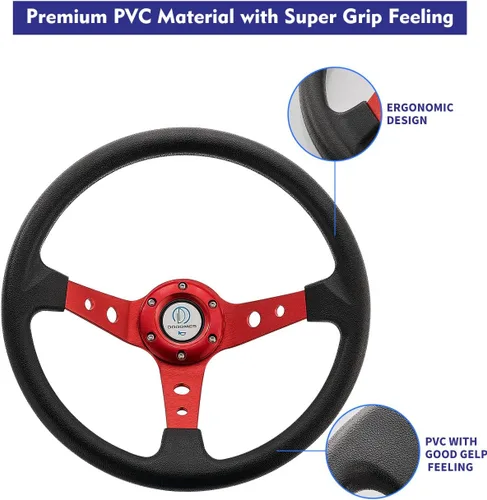 Miniatura 4 de Volante universal Deep Dish de 13.8 pulgadas/350mm, 6 pernos, volante de carreras/carrito de golf drifting, agarre de cuero vinílico y aluminio