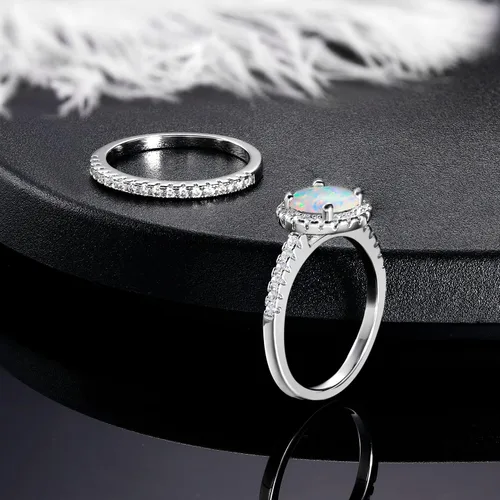 Miniatura 4 de MDFUN - Anillo de compromiso con halo de ópalo para mujer, anillo de circonia cúbica creado de 2 en 1, chapado en oro blanco de 18 quilates, anillos