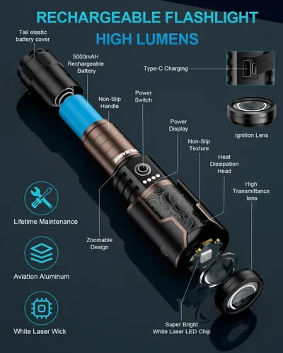 Miniatura 5 de Linterna recargable de 5000 lúmenes, linterna LED táctica de altos lúmenes con lente de encendido, 6 modos de zoom impermeable para campamento