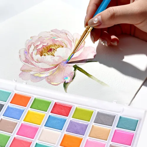 Miniatura 6 de Pintura de acuarela, 28 colores metálicos, lavable, juego de pintura de acuarela con un pincel, un bolígrafo y paleta de pincel de agua recargable