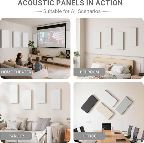 Miniatura 6 de Paquete de 4 paneles acústicos de núcleo de alta densidad con cubierta de tela, 24 x 12 x 2 pulgadas, paneles de pared autoadhesivos insonorizados