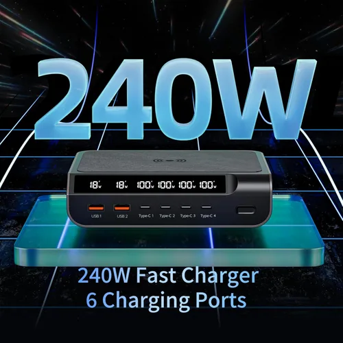 Miniatura 3 de Cargador compacto USB C de 240 W - Cargador GaN de 6 puertos con pantalla digital para teléfonos, tabletas, portátiles (oro champán)